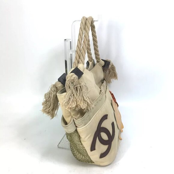 CHANEL CC Mark Clover Flower fish bag net bag Tote Bag Shoulder Bag Canvas Beige - Picture 10 of 16
